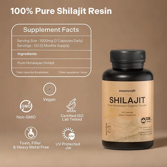 Organic Himalayan Shilajit Resin Extract - 1000mg Max Potency Lab Tested Pure Shilajit for Men &amp Women 85+ Trace Minerals Fulvic Acid Immune Support Energy Cognition 2 Month Supply 120 Caps