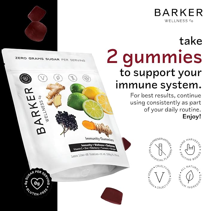 Barker Wellness Immunity Gummies with Vitamin C Zinc Elderberry Turmeric &amp Ginger for Daily Immune Support | Vegan Sugar-Free Lemon-Lime Flavor | Seasonal Wellness Essentials 60 Count