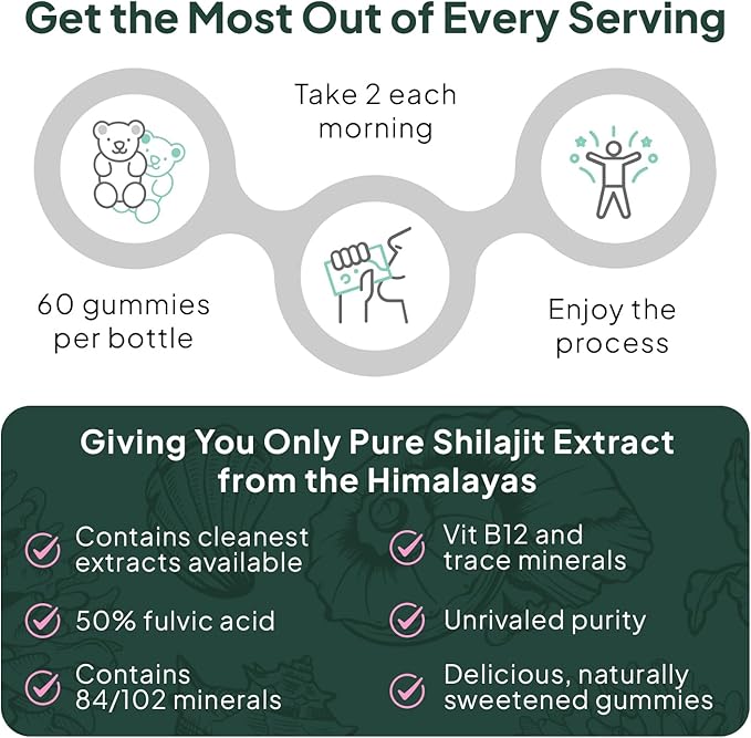 Organics Ocean Shilajit for Men and Women - Natural Supplement with Vitamin B12 Chromium and Selenium for Age-Defying Energy Hormone Support and More - 60 Shilajit Gummies