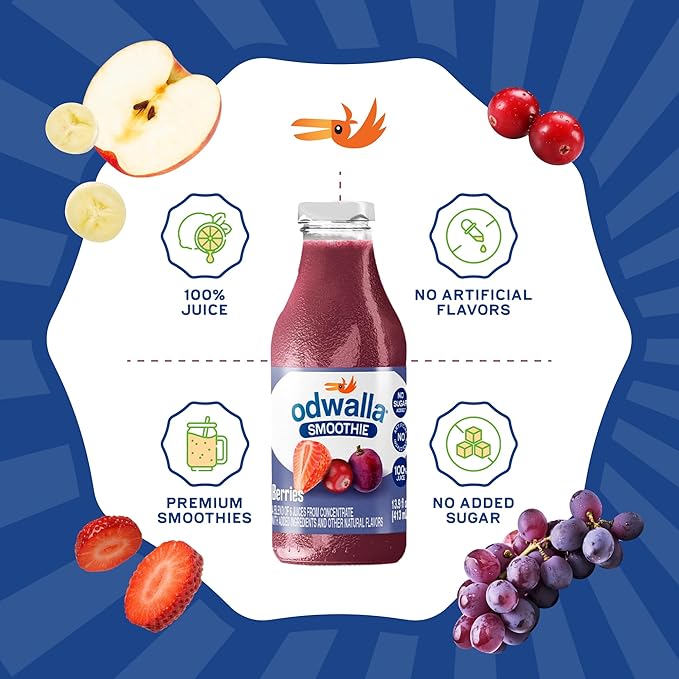 Odwalla Smoothie - Fruit Smoothie Mix Ready to Drink Juice Blend No Added Sugar No preservatives - 13.9 oz Glass Bottles - Berries