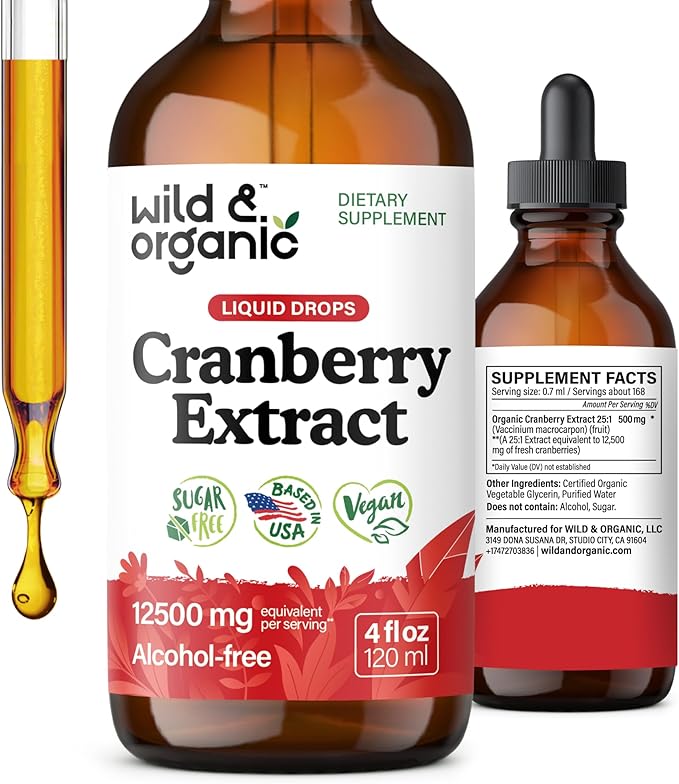 Wild &amp Organic Cranberry Concentrate Liquid Drops 12500 mg - Urinary Tract Support with Cranberry Supplement for Women &amp Men - 500 mg Extract per Serving - Vegan Sugar &amp Alcohol-Free - 4