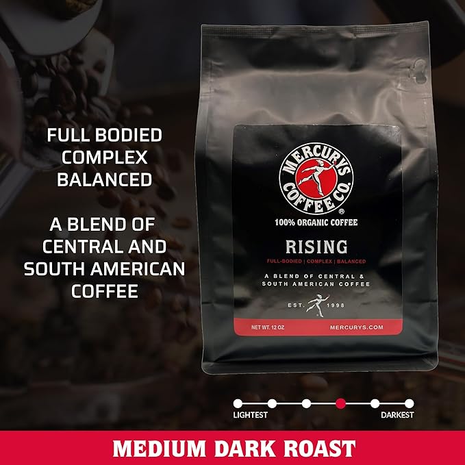 Mercurys Coffee Co. 100% Organic Rising Blend – Full Bodied Complex Balanced Medium Dark Roast Premium Arabica Coffee Sustainably Sourced Whole Bean 12 oz