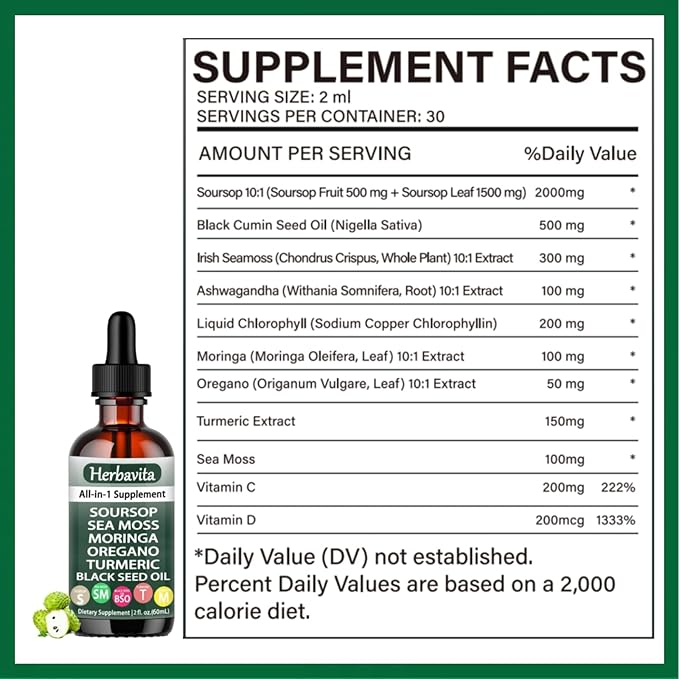 Soursop Liquid Drops 10 in 1 with Sea Moss Moringa Turmeric Black Seed Oil and Other Plant Elements– Vegan Non-GMO Immune &amp Energy Support – 2 fl oz (1pc)