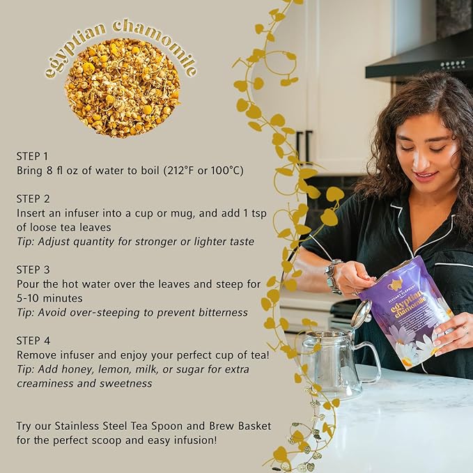 Egyptian Chamomile Tea Organic Loose Leaf Herbal Tea – Cozy Calming – Supports Stress Relief Relaxation &amp Sleep – 4 oz Resealable Bag (Makes 50 Cups) – The Elegant Elephant