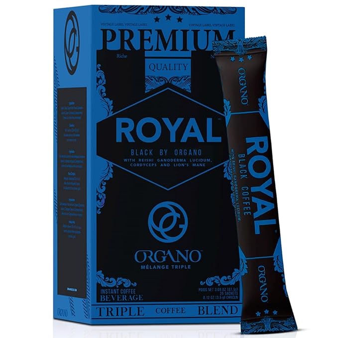 ORGANO Royal Black Medium Dark Roast Instant coffee. Infused with Triple Mushroom Blend Ganoderma Cordyceps and Lion's Mane. Aromatic and flavorful Ground Coffee Beans (25 Sachets)