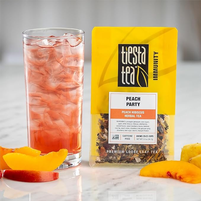 Tiesta Tea - Peach Party Herbal Tea and Brewbasket Infuser Bundle Peach Hibiscus Tea Non-Caffeinated 2oz Refillable Pouch with 5oz Reusable Stainless Steel Strainer