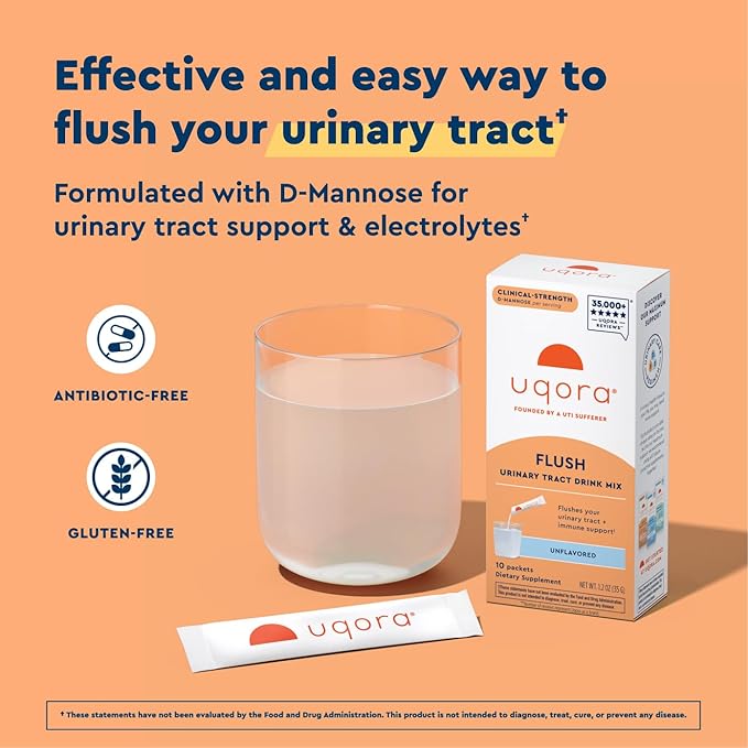 Uqora Flush - Urinary Tract* with D-Mannose Vitamin C Vitamin B6 Potassium Magnesium &amp Calcium - Gluten-Free &amp Vegan - Unflavored - 20 Packets (2 Pack)