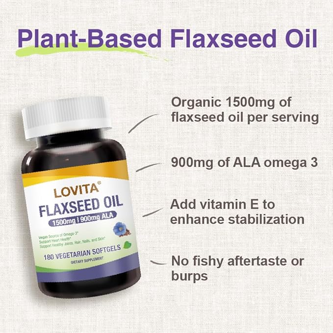 LOVITA Vegan Flaxseed Oil 1500mg with 900mg ALA Omega-3 6 9 Cold-Pressed Flax Seed Supplement Support Heart Brain Joint &amp Skin Health Non-GMO &amp Gluten Free 180 Softgels