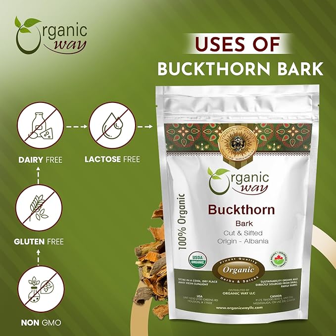 Organic Way Dried Buckthorn Bark (Frangula Alnus) Cut &amp Sifted - Organic &amp Kosher Certified | Raw Vegan Non GMO &amp Gluten Free | USDA Certified | Origin - Albania (1LBS / 16Oz)