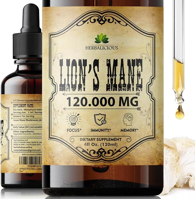 Lion's Mane Extract 4 fl oz Liquid – Natural Mushroom Supplement Tincture for Brain Memory Mental Clarity &amp Focus – Immune Support – High Potency Formula – 90-Day Supply