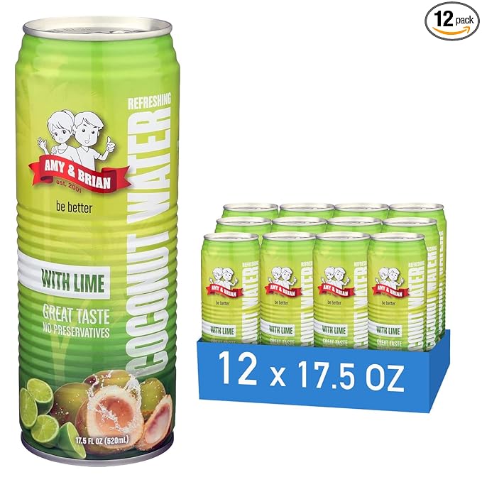 Amy &amp Brian Pure Coconut Water with Lime Non-GMO No Sugar Added Refreshing and Hydrating Real Coconut Water 17.5 Fl Oz (Pack of 12)