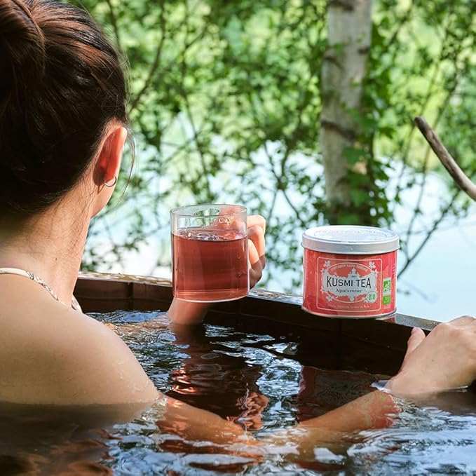 Kusmi Tea - AquaSummer - Organic Blend of Hibiscus Apple Apricot &amp Peach - Caffeine Free Herbal Tea - Enjoy Hot or Iced - Loose Leaf Tea - Tin Box of 3.5 oz - Quantity for about 50 cups