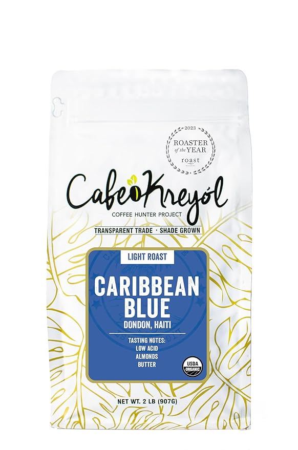 Cafe Kreyol Organic Caribbean Blue | 2 lb - Haitian Blue Light Roast Coffee - Whole Bean Coffee High Caffeine - Smooth Low Acid with Notes of Almond and Walnut