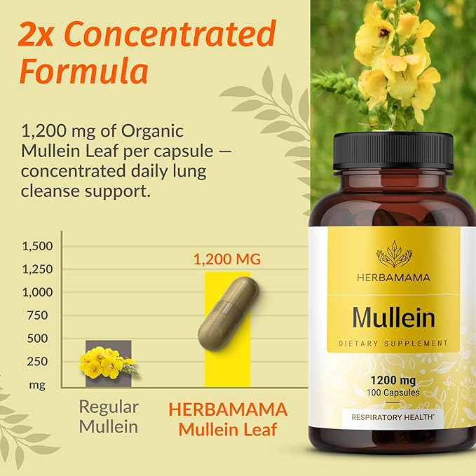 HERBAMAMA Mullein Leaf Capsules - 1200mg Mullein Leaf Extract for Lung Detox Support - Vegan Non-GMO Respiratory Lung Cleanse Supplement