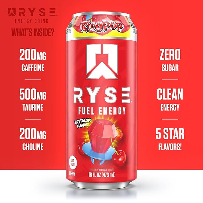 RYSE Fuel Energy Drink - Ring Pop Cherry - Sugar Free Gluten Free &amp Vegan - 200mg Natural Caffeine Taurine &amp Choline for Focus &amp Energy - No Artificial Colors - 16 fl oz Cans (12-Pack)