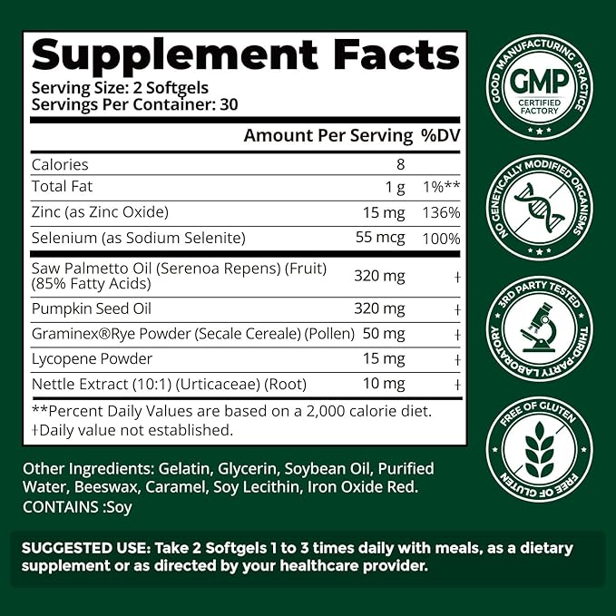 Saw Palmetto for Men Prostate Health Supplement Pharmaceutical Grade - DHT Blocker - Graminex | Pumpkin Seed Oil | Nettle Supports Urinary Function &amp Hair Loss Prevention 60 softgels