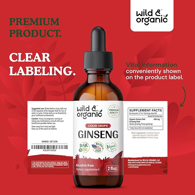 Wild &amp Organic Korean Red Ginseng Extract Drops - Panax Ginseng Supplement for Immune Support - Liquid Root Tincture for Overall Well-Being - Vegan Sugar &amp Alcohol-Free - 2 fl oz