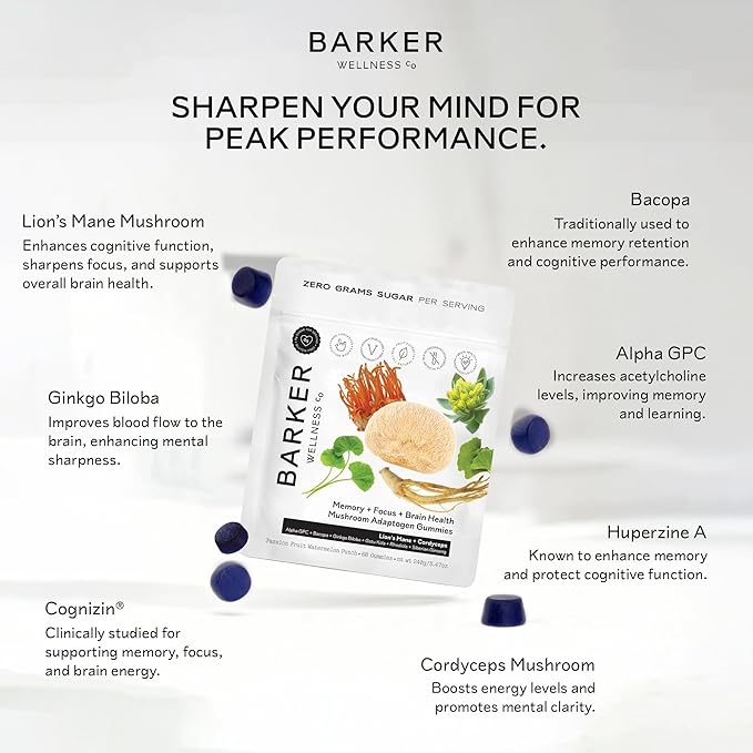 Barker Wellness Mushroom Adaptogen Gummies for Memory &amp Focus Brain Health Supplement with Lion's Mane Cordyceps Cognizin Nootropics Vegan Sugar-Free Passion Fruit Watermelon Flavor- 60 Coun