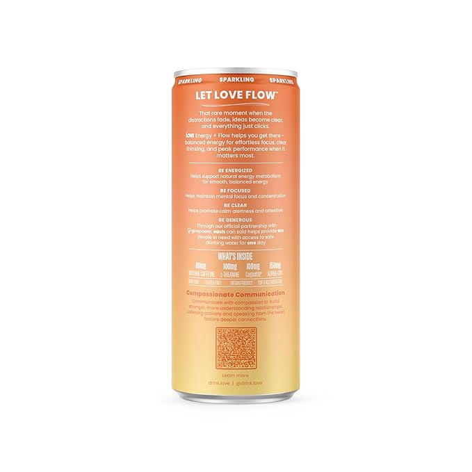 Be LOVE Energy + Flow – 80mg Natural Caffeine L-Theanine &amp Alpha-GPC for Clean Calm Focus – Zero Sugar Low Calorie 100% DV B-Vitamins – Non-GMO Vegan – 12 fl oz (Pack of 12) (Peach Power)