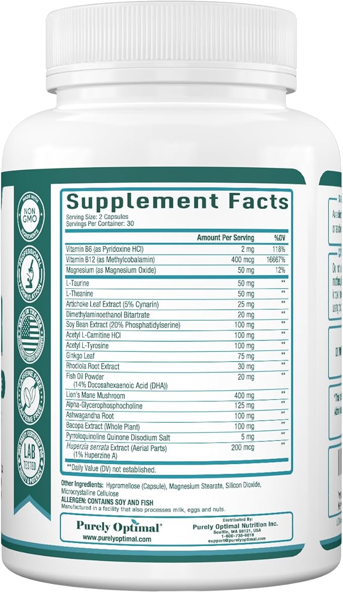 Purely Optimal Brain Booster Nootropic Supplement – Brain Support for Memory Focus Clarity Jitter-Free Energy for Adults Seniors– with Ginkgo Biloba Alpha GPC Lion’s Mane – 60 Capsules