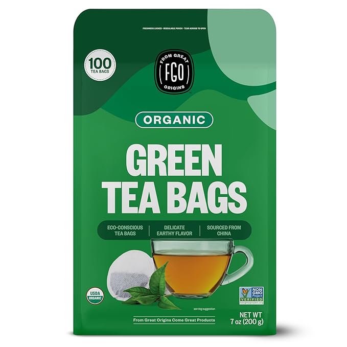 FGO Organic Green Tea 100 Count Eco-Conscious Tea Bags Caffeinated Resealable Pouch Packaging May Vary (Pack of 1)