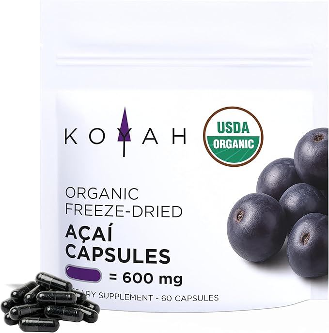 KOYAH - Organic Acai Capsules - Freeze-Dried 600 mg Vegan Gluten-Free Non-GMO. Antioxidant Support. 60 Capsules