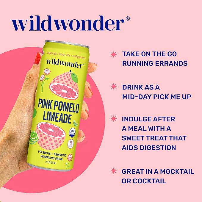 Wildwonder Sparkling Probiotic Drink Pink Pomelo Limeade Gluten Free Vegan Canned Soda with 5g of Prebiotic Fiber for Digestive &amp Immune Support Low Sugar Caffeine Free 12 FL OZ Cans 12 Pa