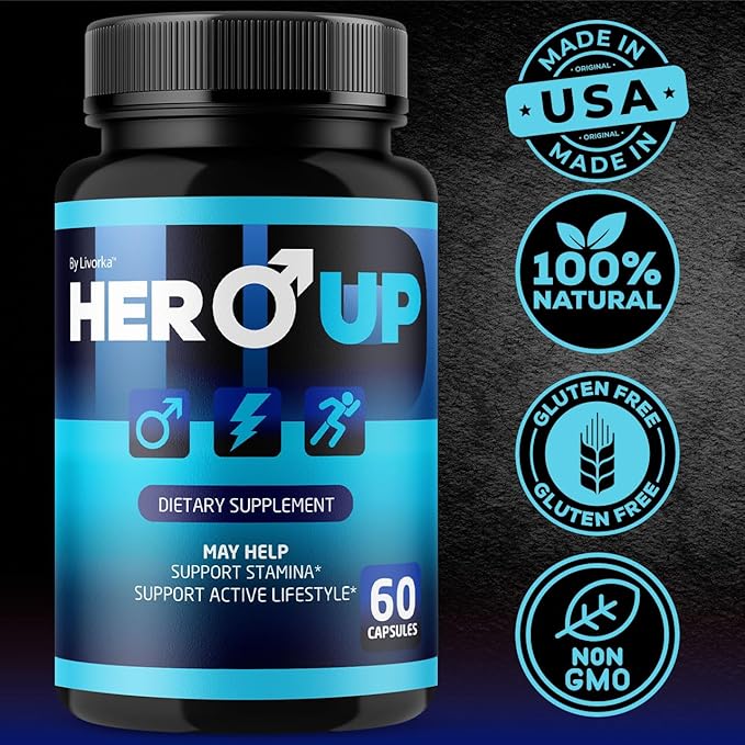 LIVORKA Hero Up Capsules - Official HeroUp Supplement Pills for Men - Maximum Strength Energy Support All Natural Hero Up Vitamins Support for Overall Health &amp Wellness 60 Capsules for 1 Month