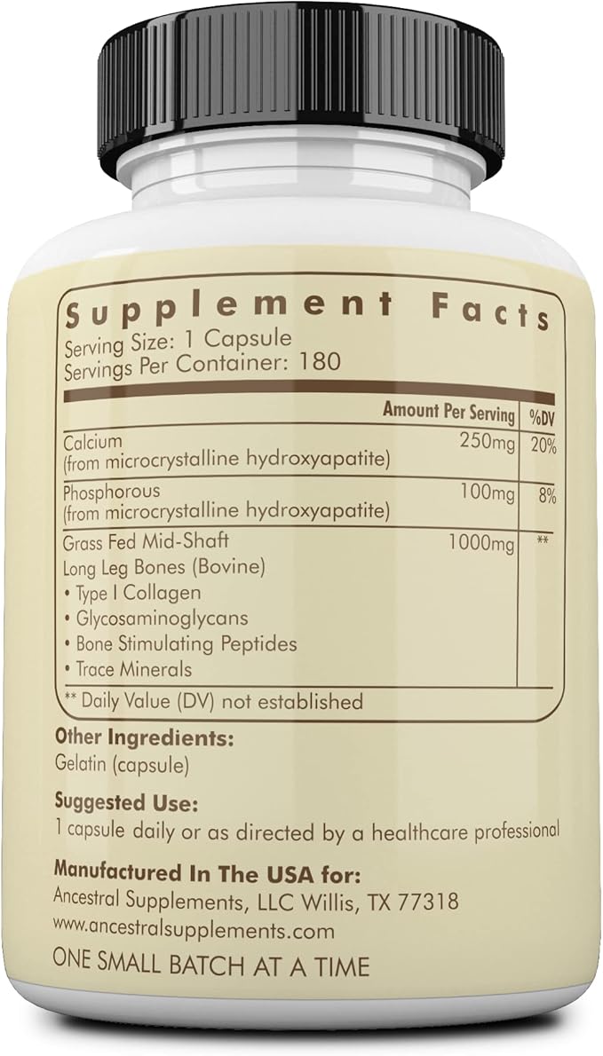 Ancestral Supplements Grass Fed Beef Living Bone Supplement Bone Meal Capsules Support Bone Health Oral and Joint Health and Flexibility Non-GMO 180 Capsules