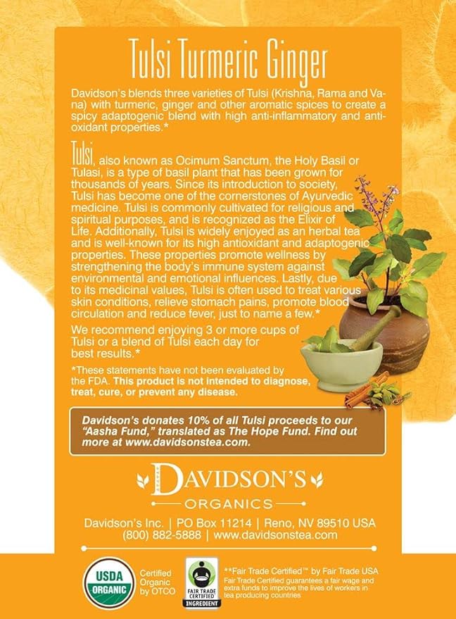 Davidson's Organics Tulsi Turmeric Ginger 8-count Tea Bags Pack of 12