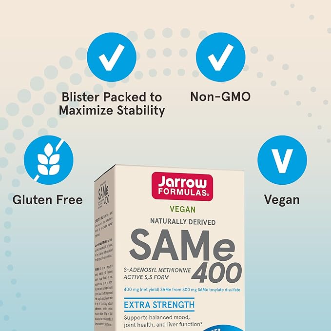Jarrow Formulas SAMe Supplement 400 mg - 60 Tablets - High Concentration of Active SS Form - Supports Joint Health Liver Function Brain Metabolism Balanced Mood &amp Antioxidant Defense - 60 Serv