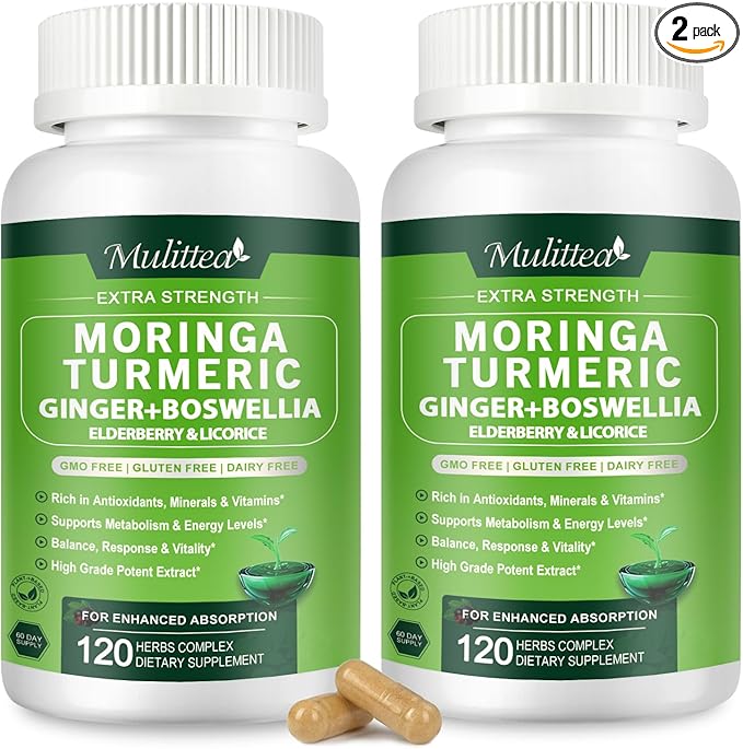Moringa Capsules Organic 1000mg 7-in-1 Superfood with Turmeric Ginger Elderberry Licorice &amp Boswellia - Support Immune Skin Gut &amp Antioxidant-Non-GMO GMP 120 Vegan Capsules-2 Packs