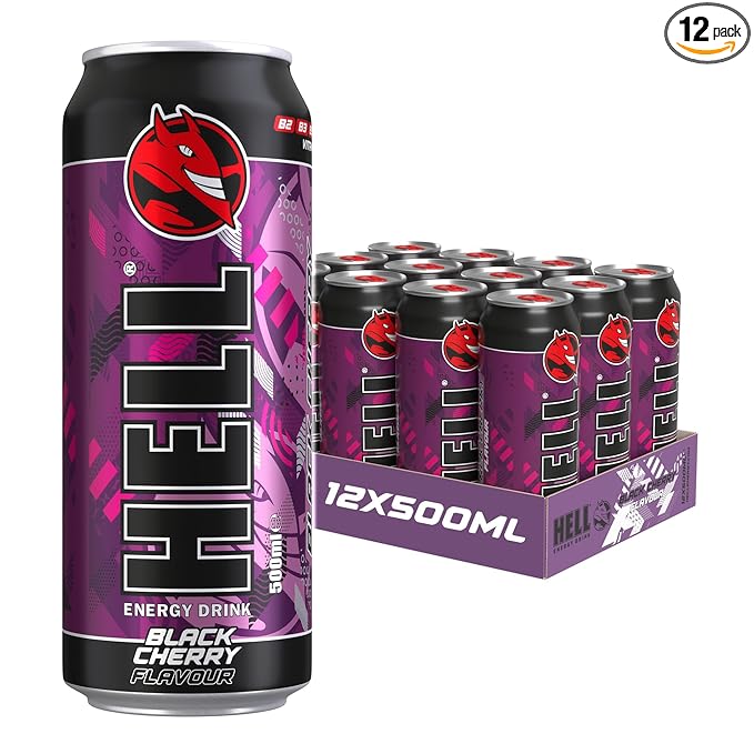 HELL BLACK CHERRY Energy Drink | +20% More Caffeine | Vitamins B2 B3 B6 B12 C &amp D | No Preservatives | Environmentally Friendly Packaging | 12 x 500 ml | Compatible with HELL Energy