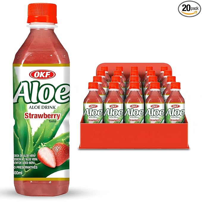 OKF Aloe Vera Drink Juice with Pure Aloe Pulp Variety 16.9 oz. (Strawberry Pack of 20) Plant Based Drink Korean drinks