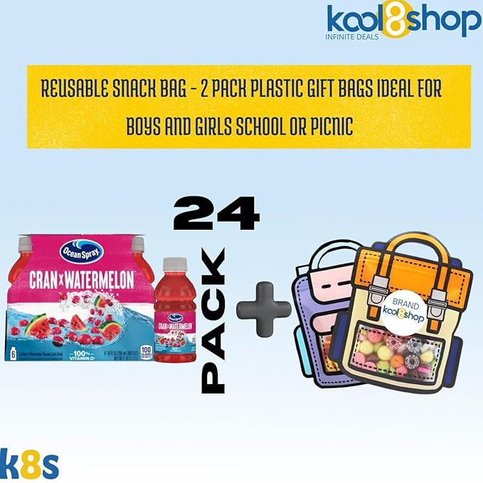 Ocean Spray Cran Watermelon Fruit Juice Drink 10 fl oz Plastic Bottles 24 Pack + 2 Reusable Snack Bags by KOOL8SHOP Infinite Deals