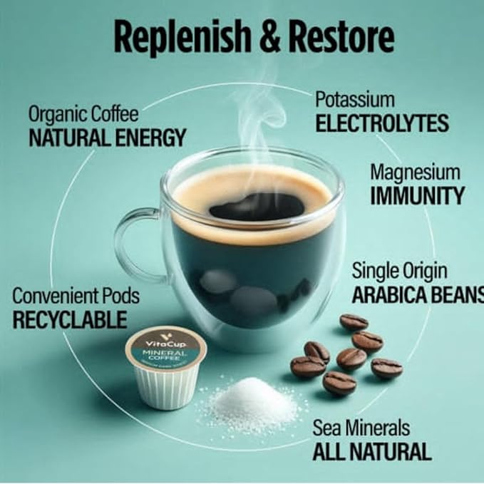 VitaCup Mineral Coffee Pods with Trace Minerals Hydrate Replenish &amp Restore w/Sea Minerals Electrolytes Organic Coffee Medium Dark Roast Single Serve Pod Compatible w/Keurig K-Cup Brewers6