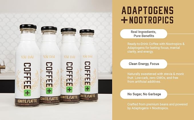 Vai Dai Coffee Latte 4-pack 12 Fl Oz - Lightly Sweetened Ready-to-Drink Functional Adaptogens &amp Nootropics for Energy Focus &amp Mental Clarity with Lion’s Mane Ashwagandha Mushrooms &amp
