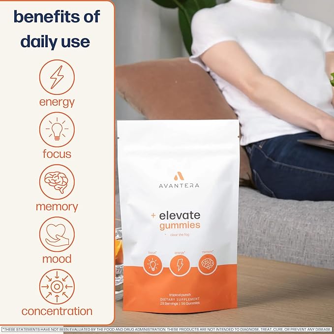 Avantera Elevate Gummies Premium Nootropic Supplement - Beat Brain Fog - Best Focus Supplements for Memory &amp Focus Support - Energy Without Crash - 56 Gummies for Women &amp Men