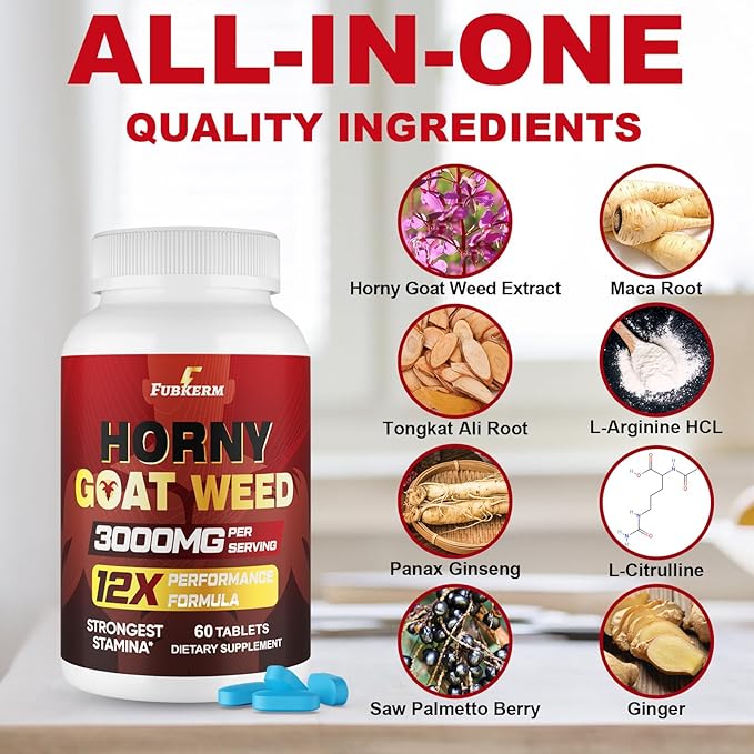 Hornygoatweed for Men 12 in 1 Horny Goat Weed Maximum Strength Male Enhancing Supplement with Maca Root Tongkat Ali Panax Ginseng Saw Palmetto for Hormone Stamina Performance Energy 60 Count