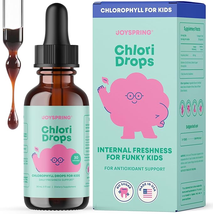 JoySpring Liquid Chlorophyll Drops for Kids | Super Greens for Kids Infused with Elderberry &amp Chlorophyll for Bad Breath |Sugar Free Body Deodorizing Supplement |Berry Flavor| 30 Servings