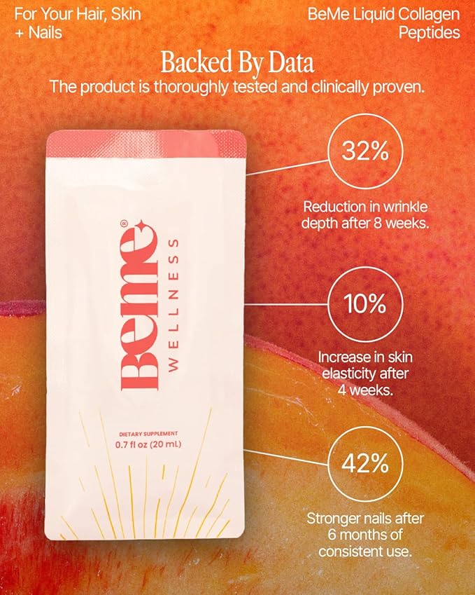 BeMe Liquid Collagen for Women - 2500mg Verisol Collagen Liquid with Biotin CoQ10 &amp Vitamin C - Clinically Proven Collagen Peptides for Hair Skin &amp Nails - 15 Peach Sachets