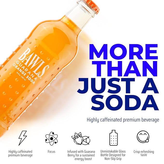 BAWLS Guarana Mandarin Orange BAWLS Guarana Drink Guarana Soda Guarana Fueled Soda for Energy High Energy Caffeinated Drink 10oz 24 Pack Glass Bottles