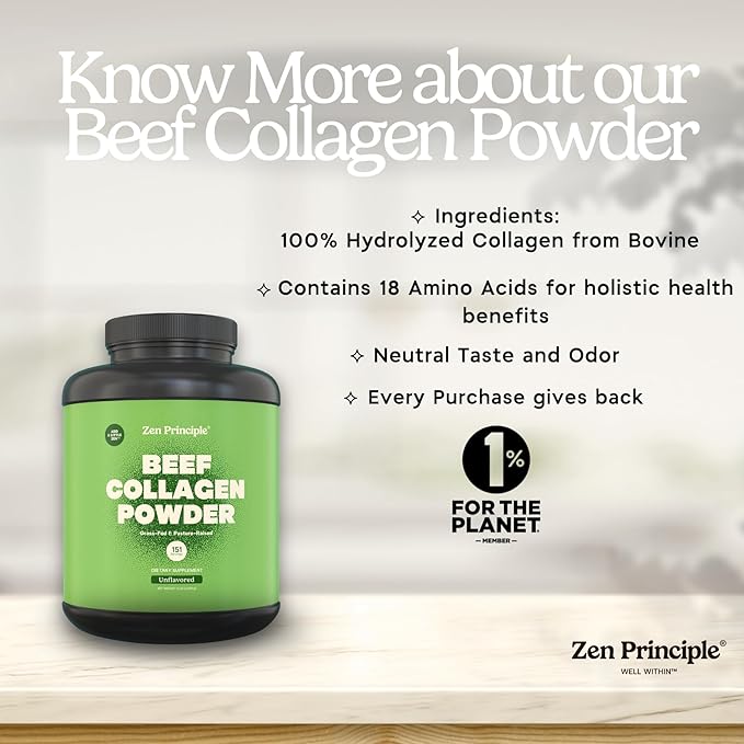 Zen Principle Grass-Fed Agglomerated Hydrolyzed Collagen Peptides 1.5 lb. Anti-Aging Protein Powder for Healthy Hair Skin Joints. Paleo Friendly GMO and Gluten Free Pasture-Raised Bovine.