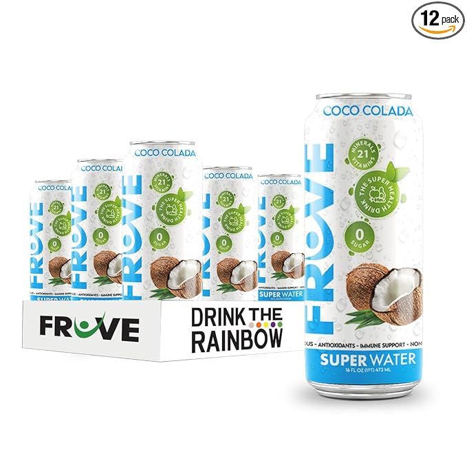 FrUve Super Water | Coco Colada Flavor | 12 16oz Cans | Healthy Drink | Zero Sugar | Low Calorie Drink | Powerful Antioxidants | Boosts Immune System | NON-GMO | The Super Health Drink