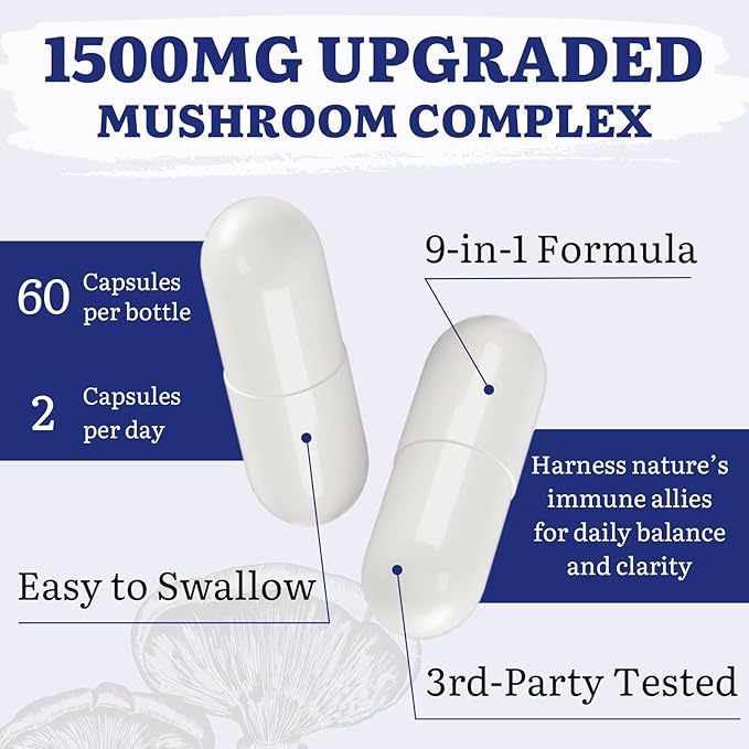 Japanese Reishi Mushroom Complex Supplement 1500mg - ReishiChagaCordycepsLion's ManeMaitakeAgaricus Mushrooms Extract &amp 3 HerbOrganic Mushroom Capsules for ImmuneBrain (Pack of 2)