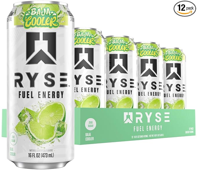 RYSE Fuel Energy Drink - Baja Cooler - Sugar Free Gluten Free &amp Vegan - 200mg Natural Caffeine Taurine &amp Choline for Focus &amp Energy - No Artificial Colors - 16 fl oz Cans (12-Pack)
