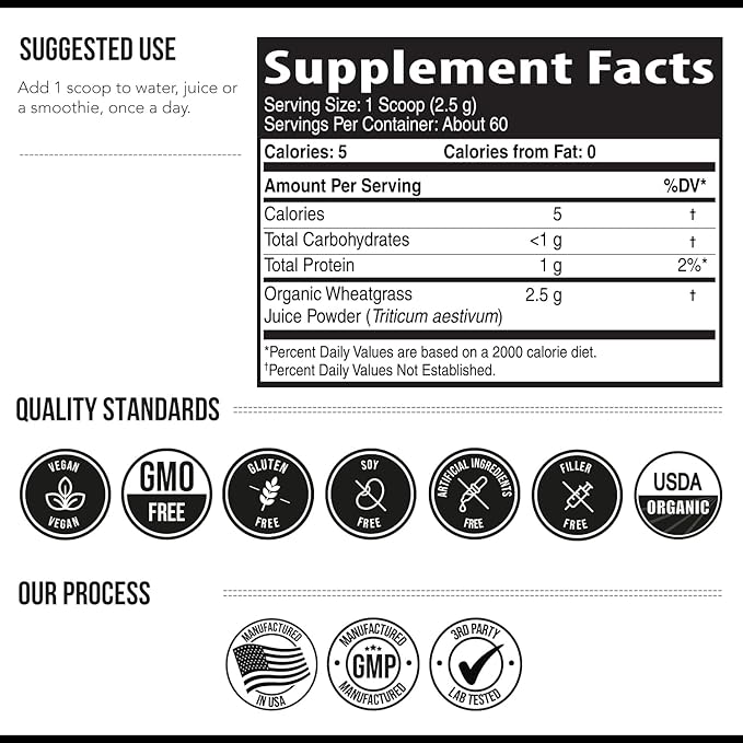 Organic Wheatgrass Juice Powder - Organic Grown in Volcanic Soil of Utah - Raw BioActive Form Cold-Pressed Then CO2 Dried 20:1 Concentrate Juice Extract - Unflavored (5.3 oz – 60 Servings)