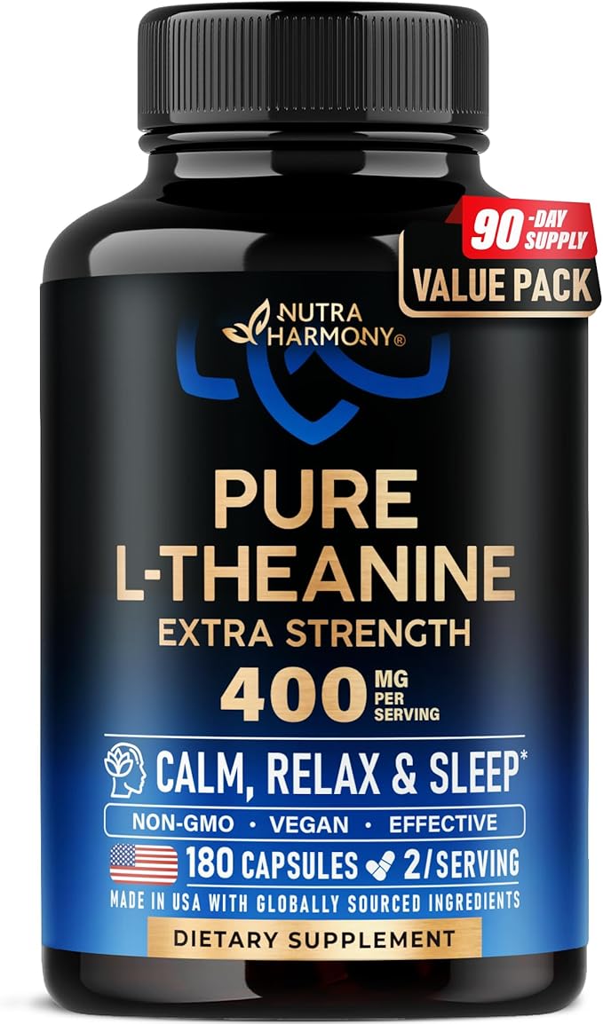 L Theanine 400 mg | L-Theanine Stress Relief | Extra Strength Supplement | Made in USA | Relaxation Sleep &amp Calm Support | For Men &amp Women | Plant Based Non-GMO &amp Gluten-Free | 180 Vegan