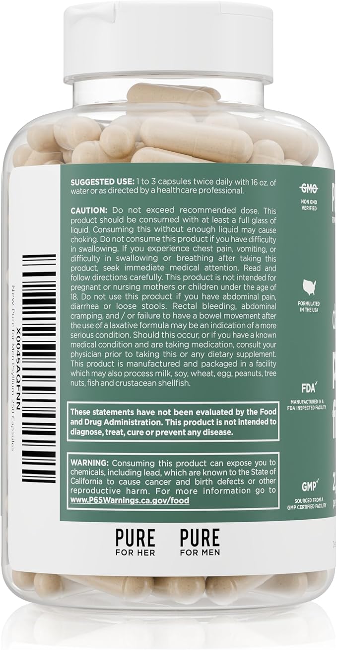 Daily Psyllium Husk Fiber Supplement by Pure for Men &amp Pure for Her | Digestive Regularity &amp Gut Health Support | Soluble Fiber Powder 2175mg Per Serving | 250 Capsules