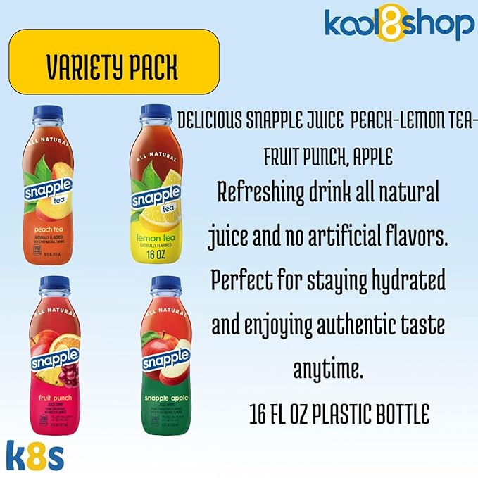 Snapple Variety Pack All Natural Fruit Juice 16 fl oz Plastic Bottle 16 Pack + 15 Sugarcane Disposable Straws by KOOL8SHOP Infinite Deals